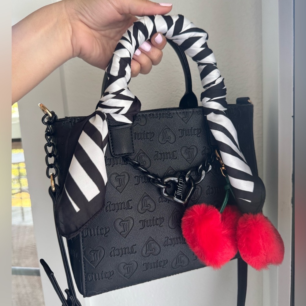 Juicy Couture Black Logo Embossed Tote Bag w/ Scarf & Heart Charm 🖤🍒 - Picture 2 of 8